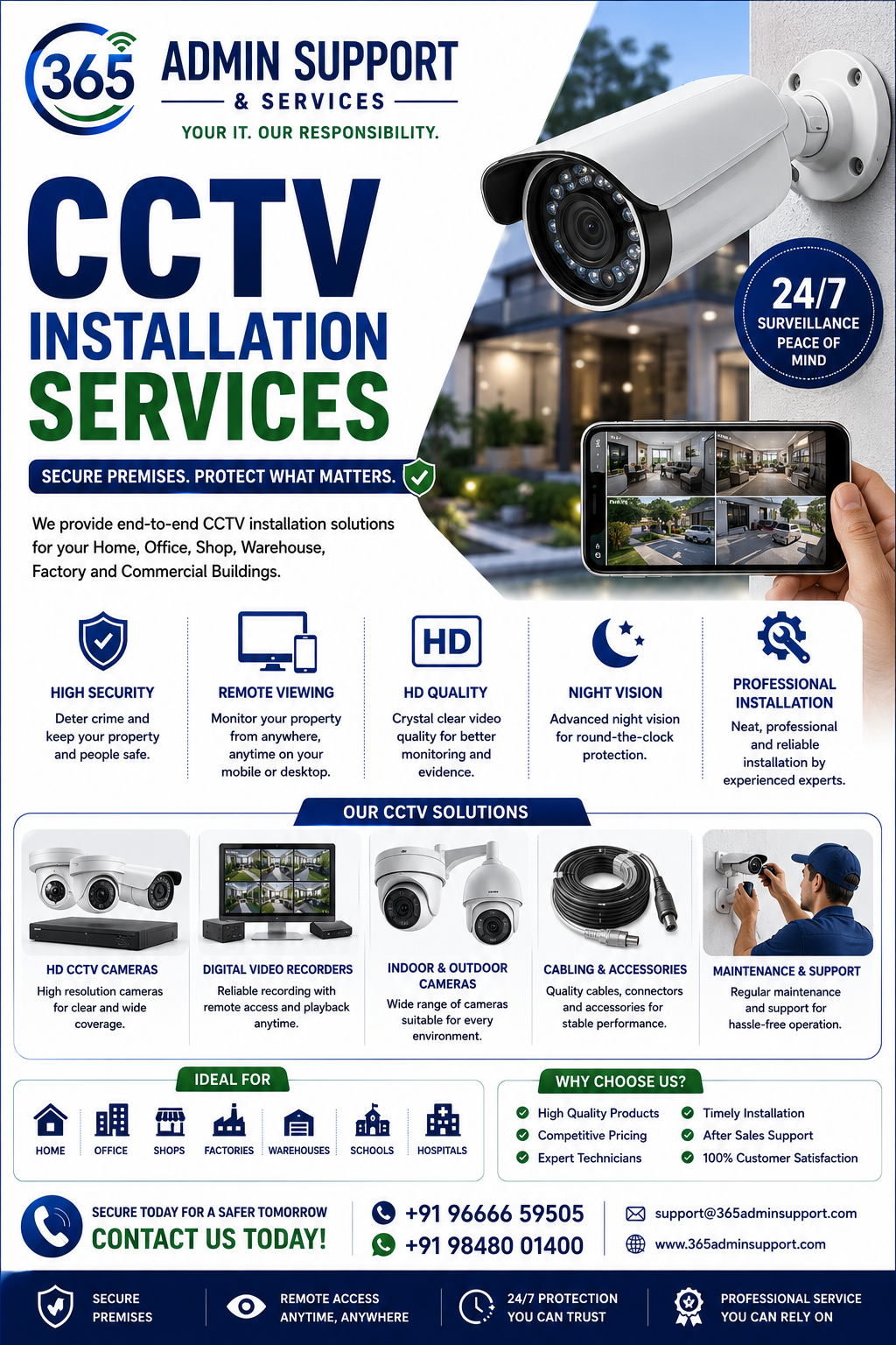 365 Admin Support CCTV Installation Services flyer — HD cameras, DVR, remote viewing, professional installation in Hyderabad