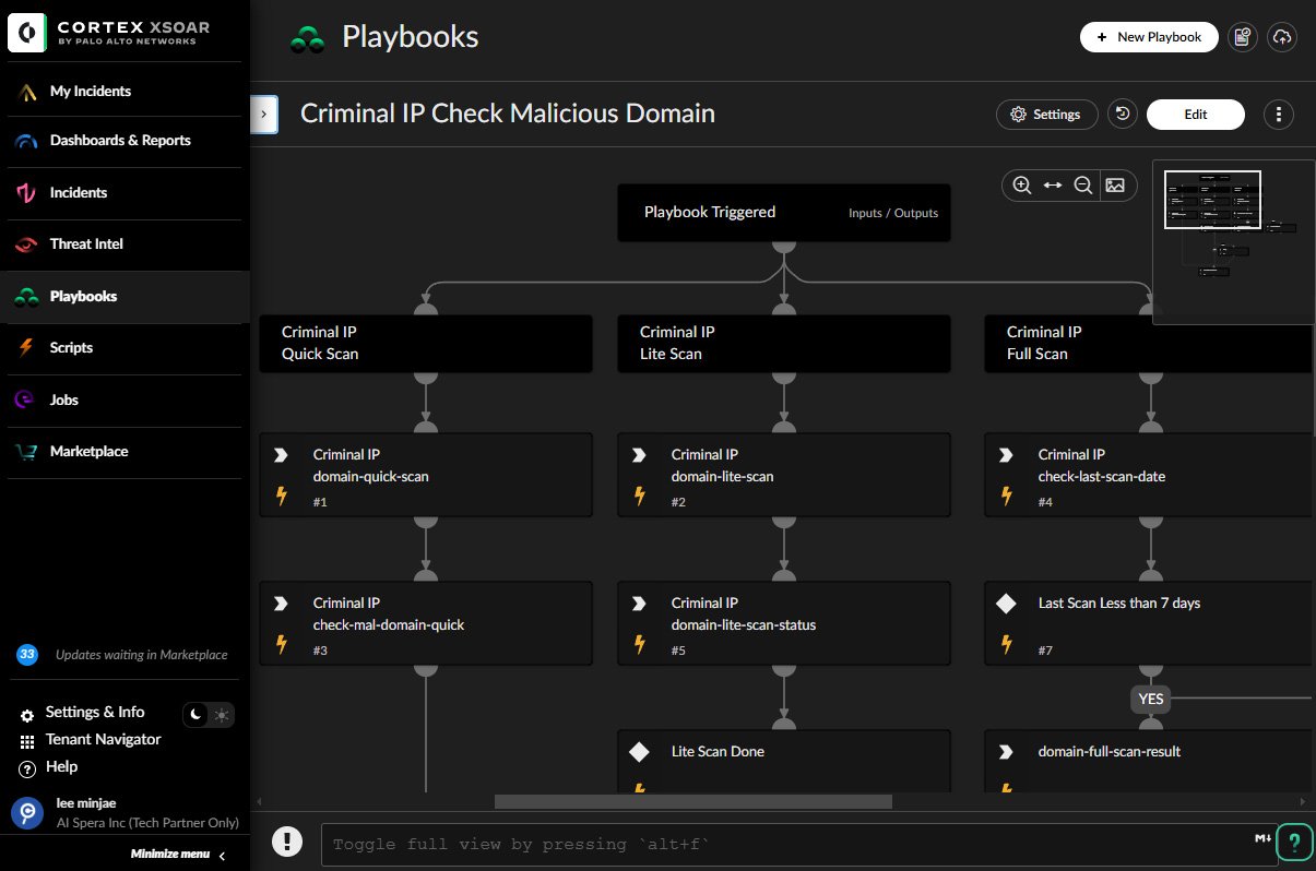 Criminal IP and Palo Alto Networks Cortex XSOAR Join Forces to Deliver AI-Powered Threat Intelligence for Automated Incident Response 8 Automated playbook example — detecting malicious domains using the three-step scan in the integrated API of Criminal IP and Palo Alto Networks Cortex XSOAR