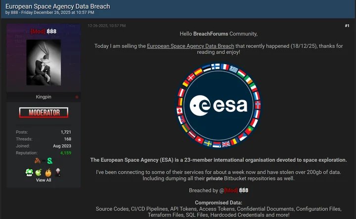 European Space Agency Acknowledges Compromise of "External Servers" 9 ESA breach claims